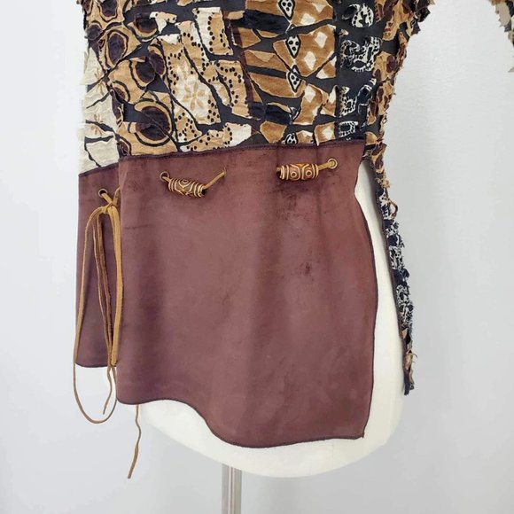 Punky Girl Brown Multi Print Distressed Beaded Top - Picture 6 of 15